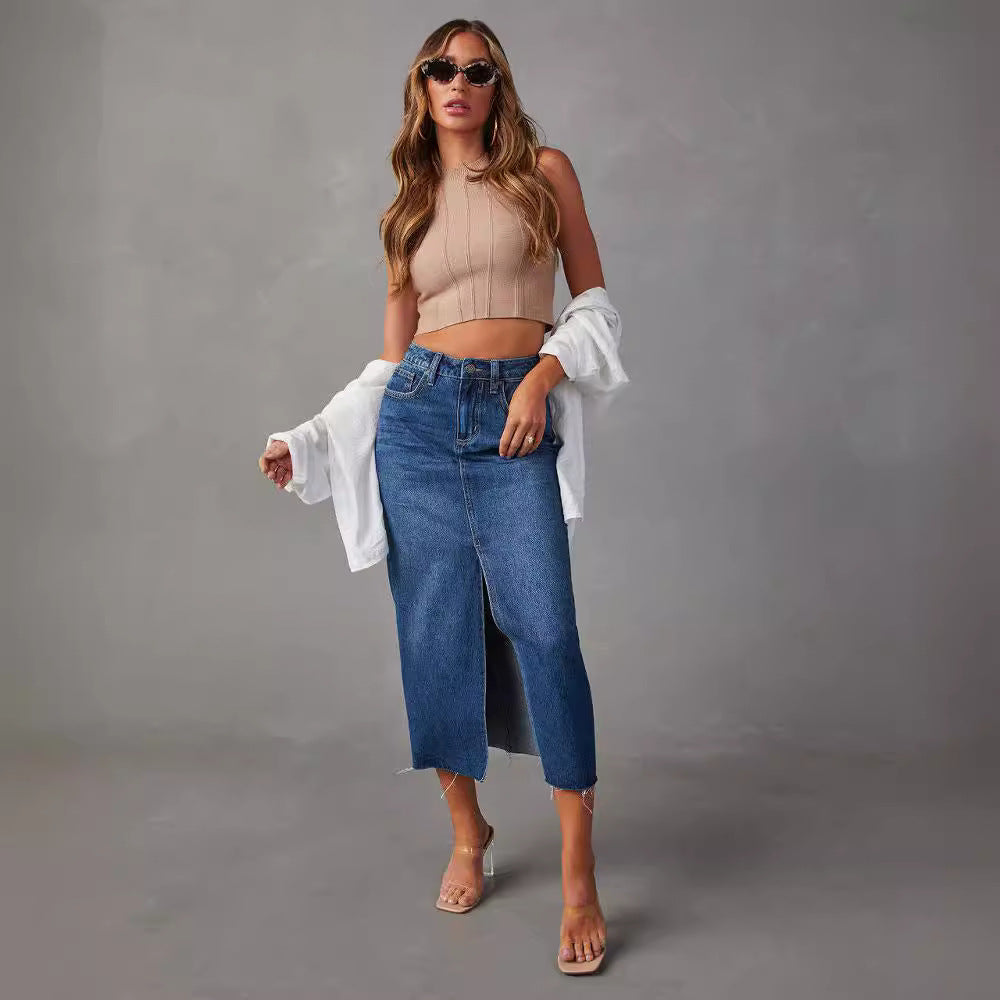 Damen Hoch geschnittene Denim-Midirock mit seitlichem Schlitz und fransigen Säumen EB