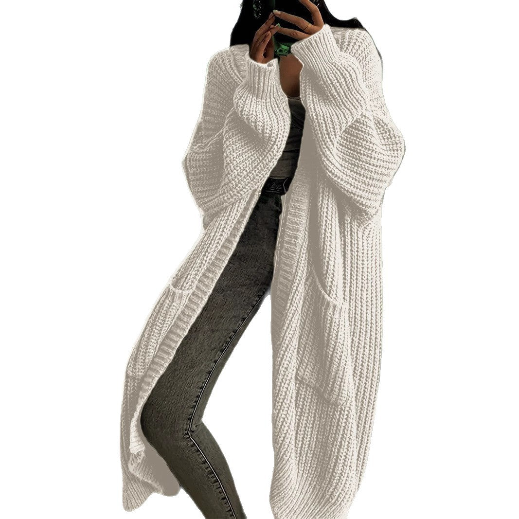 Damen Langer Strickcardigan mit seitlichen Taschen und lässigem Schnitt EB