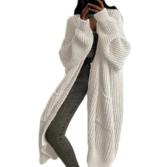 Damen Langer Strickcardigan mit seitlichen Taschen und lässigem Schnitt EB