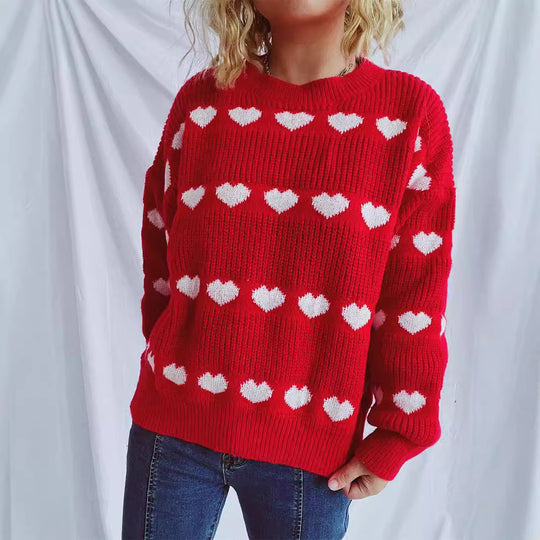 Damen gemütlicher Herzmuster-Strickpullover mit weiten Ärmeln EB