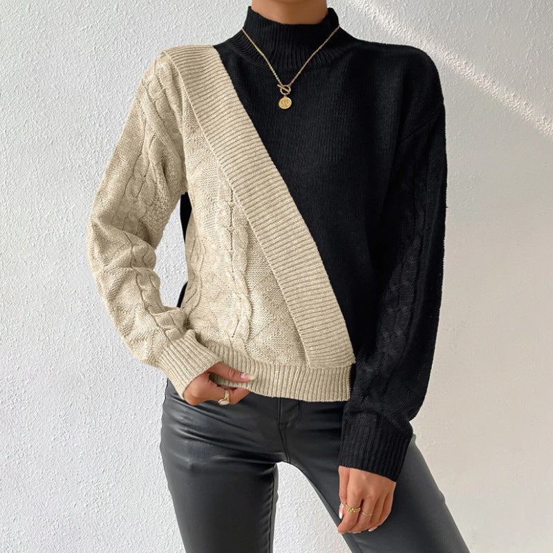 Damen modischer Strickpullover mit asymmetrischem Zopfdesign und hohen Kragen EB