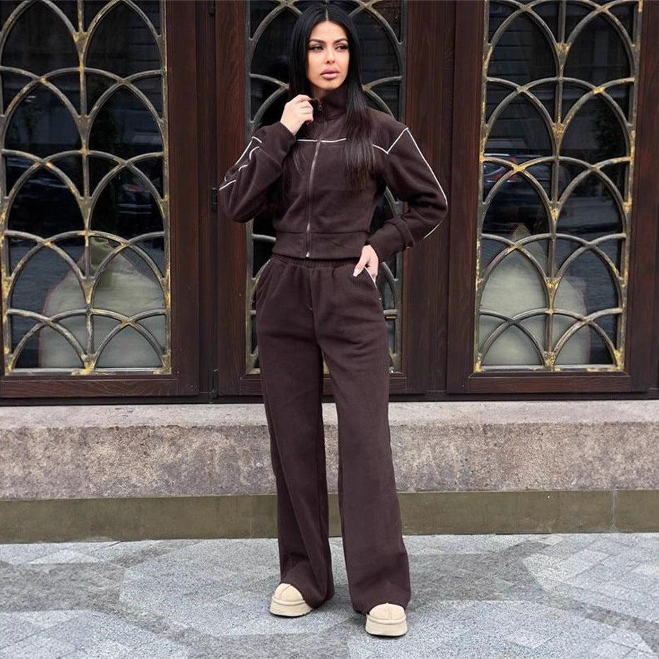 Damen Kurzgeschnittenes Zip-Oberteil mit lockerfallender High-Waist-Loungehose EB