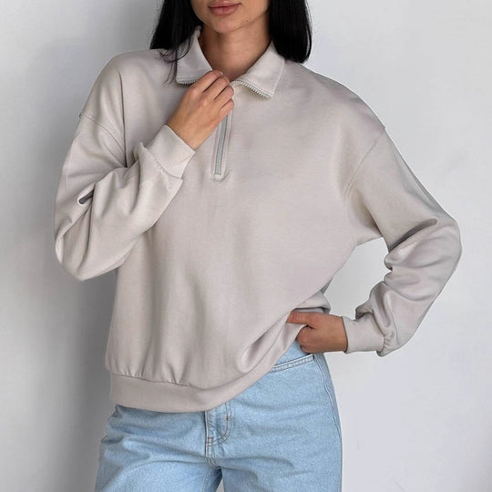 Damen Oversized Sweatshirt mit halbem Reißverschluss und elastischem Saum EB