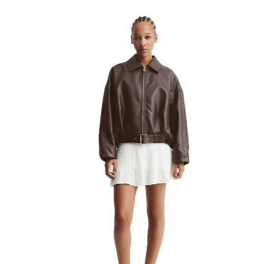 Damen Modische Kunstlederjacke mit weitem Schnitt und Taillengürtel EB