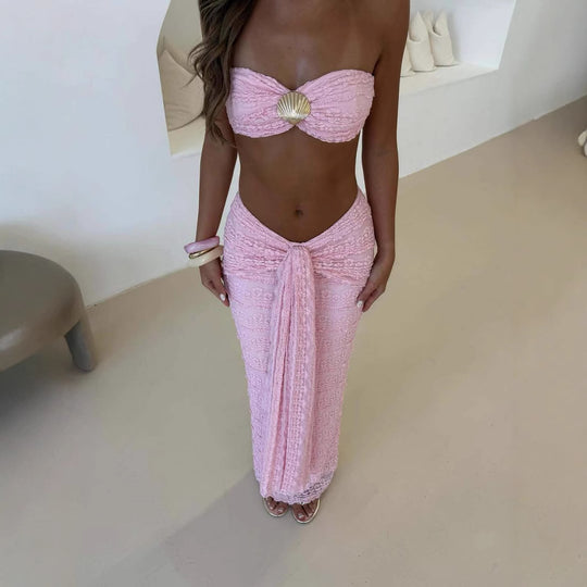 Damen Kleidungsset aus feiner Spitze und elegantem Wickelsaum EB