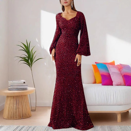 Damen Glamouröses Glitzer-Abendkleid mit schwingendem Rock und voluminösen Ärmeln EB