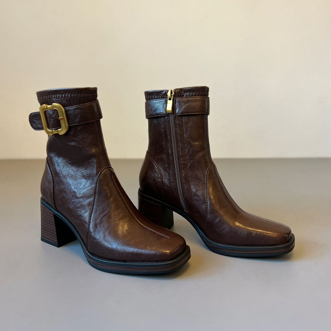 Damen Elegante Ankle Boots mit modischer Schnallen-Applikation EB