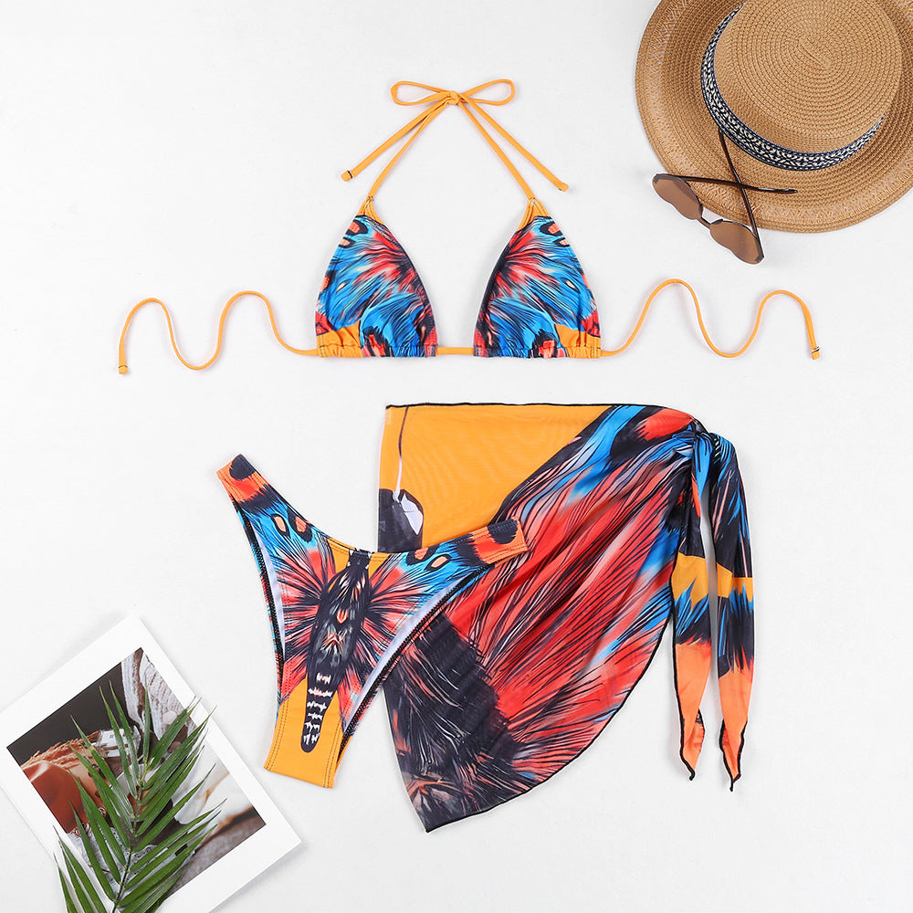Damen Triangel-Bikini-Set mit aufregendem Schmetterlingsdruck und passendem Pareo EB