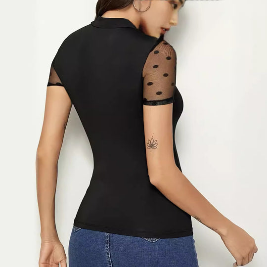 Damen Bodysuit mit transparenten Punkten und hochgeschlossenem Kragen EB