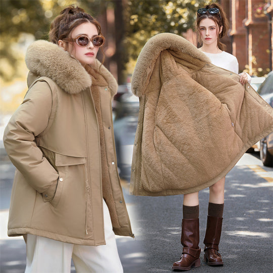 Damen nan kurzer urbaner Thermoparka mit luxuriösem abnehmbarem Pelzkragen und multifunktionalen Taschen EB