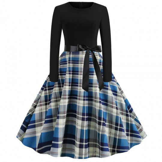 Damen Vintage Tellerrockkleid mit Karo-Tellerrock, figurbetontem Langarmoberteil und Satinschärpe EB