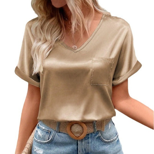 Damen Satin V-Ausschnitt T-Shirt mit Brusttasche und Lässigem Schnitt EB