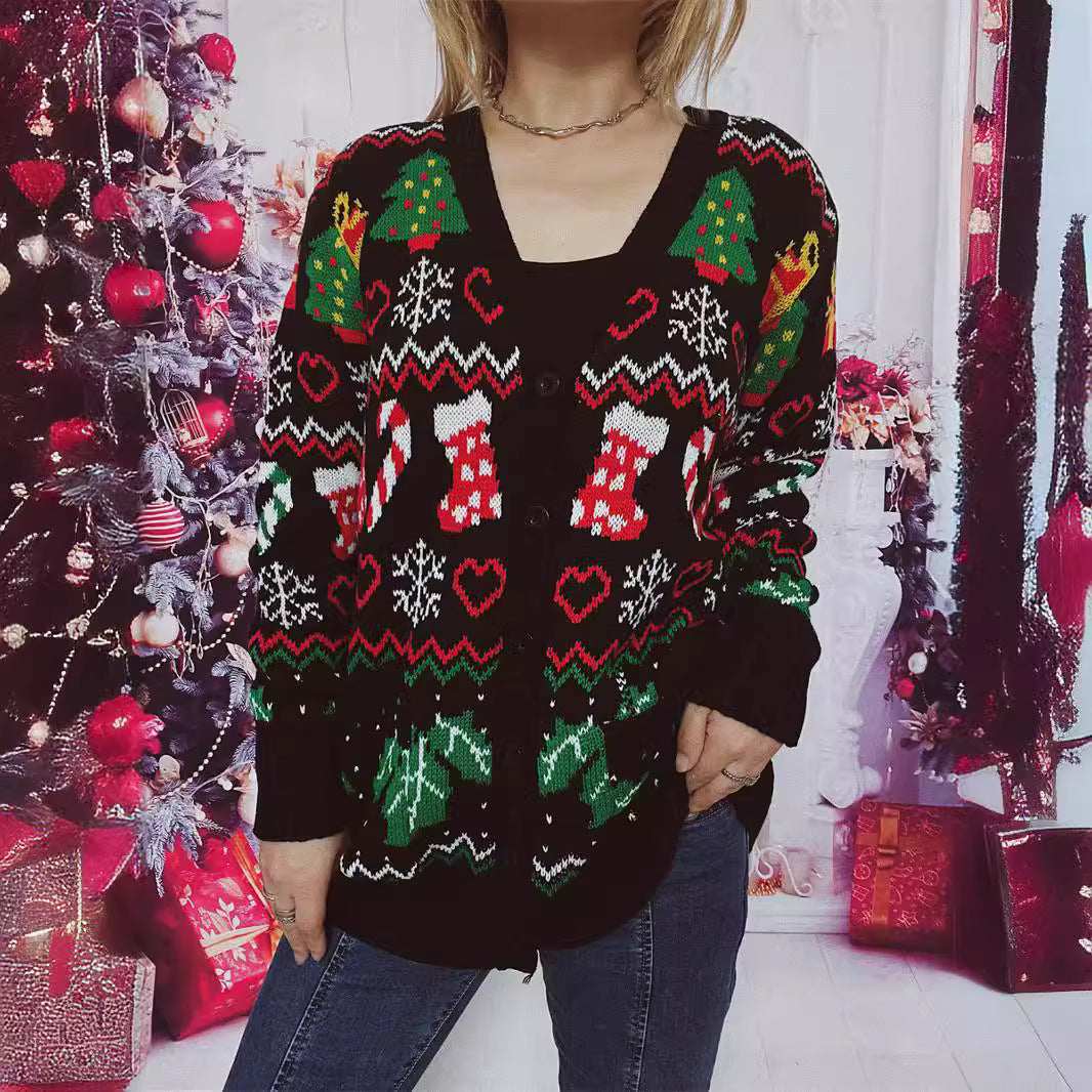 Damen Weihnachts-Strickjacke mit festlichem Motiv und praktischem Knopfverschluss EB