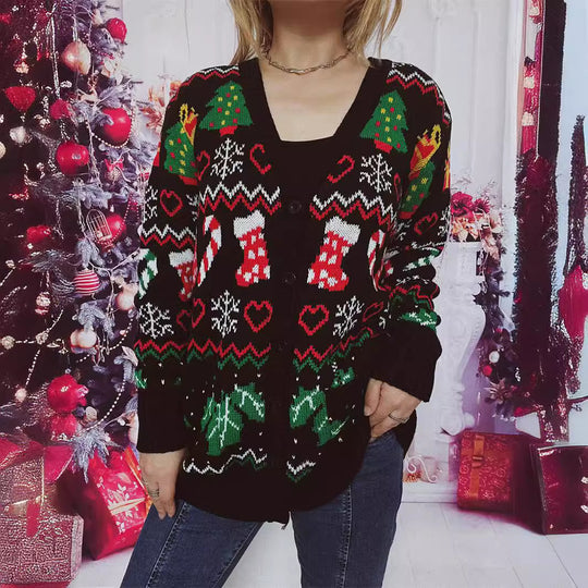 Damen Weihnachts-Strickjacke mit festlichem Motiv und praktischem Knopfverschluss EB