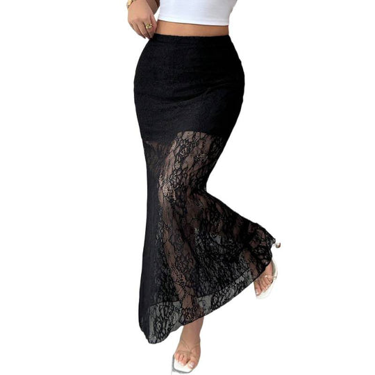Damen Eleganter Spitzenrock im Maxi-Style mit transparenter Optik EB