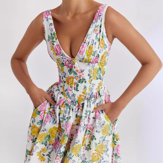 Damen Midikleid mit floralen Akzenten und tailliertem Oberteil EB