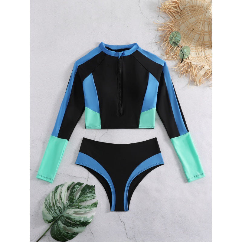 Damen Sportliches Langarm-Bikini-Set mit Zip und modischen Kontrastdetails EB