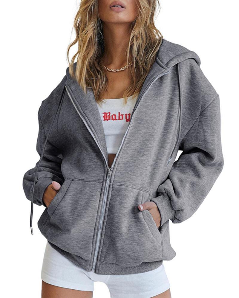 Damen nan Oversize-Zip-Hoodie mit Kapuze Kängurutaschen und weichem French-Terry EB