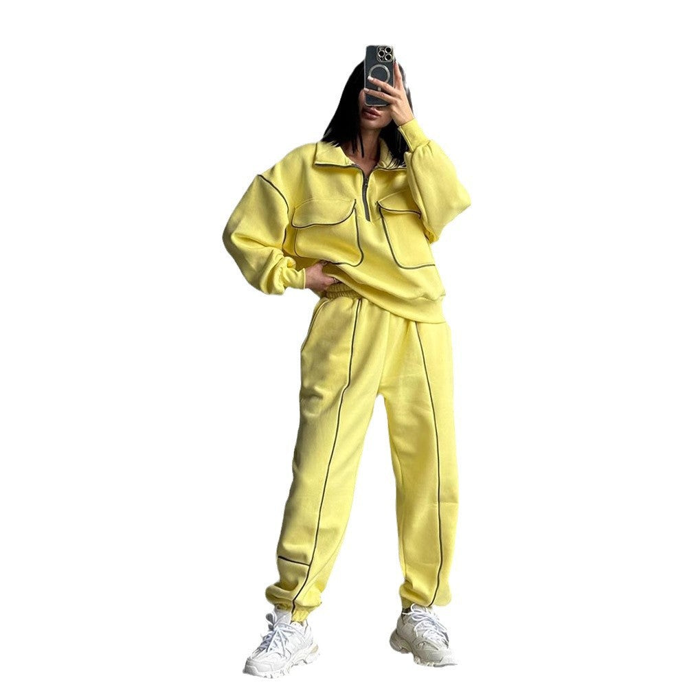 Damen nan Oversize Halbzip-Sweatshirt mit aufgesetzten Klappentaschen und Kontrastpaspeln EB