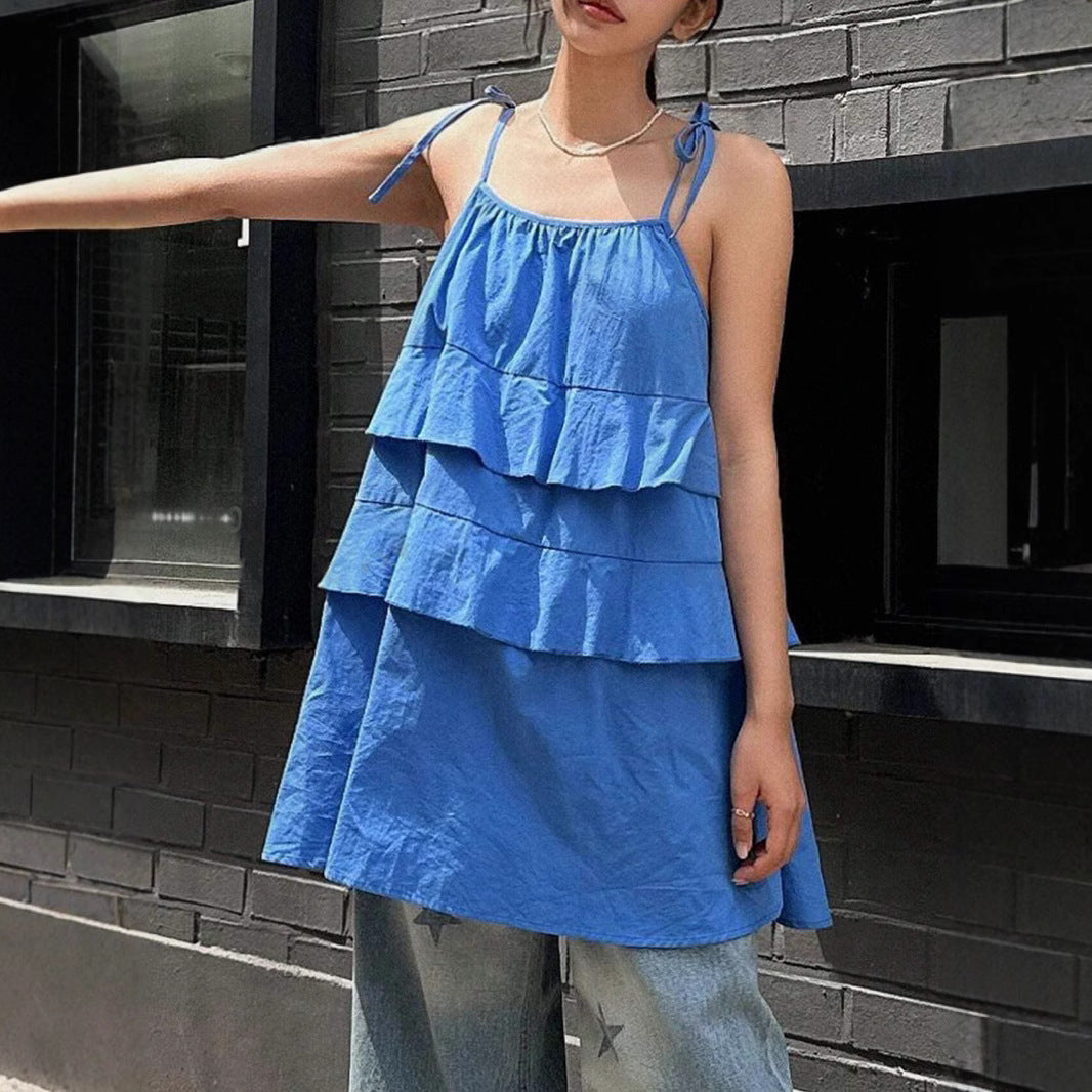 Damen luftiges Schwingkleid mit mehrlagigem Design und verstellbaren Trägern EB