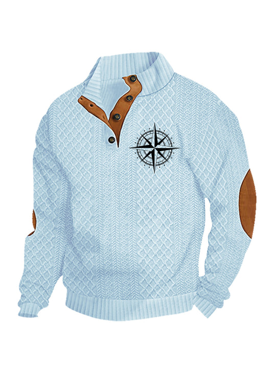 Herren nan Heritage-Strukturpullover mit Stehkragen Lederimitat-Besatz Ellenbogen-Patches und Halbknopfleiste EB