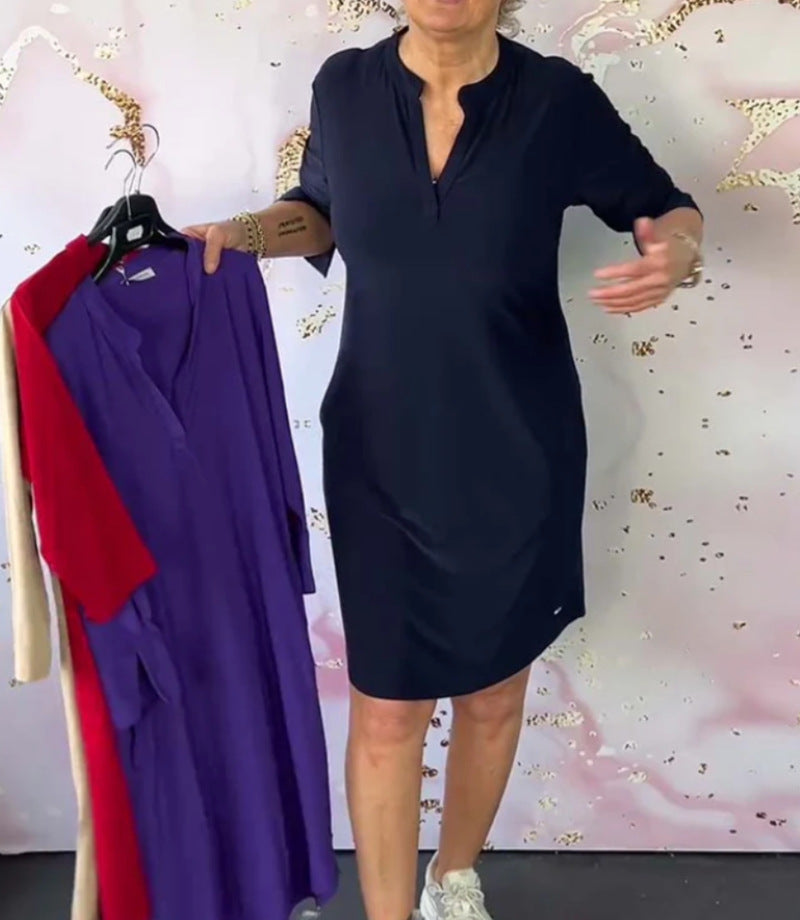 Damen nan knielanges legeres Jerseykleid mit Stehkragen und V-Ausschnitt EB