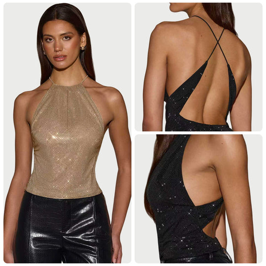 Damen Glitzerndes Top mit schmalem Halterdesign und funkelnden Akzenten EB