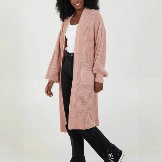 Damen Langer Strickcardigan mit voluminösen Ärmeln und offenem Schnitt EB