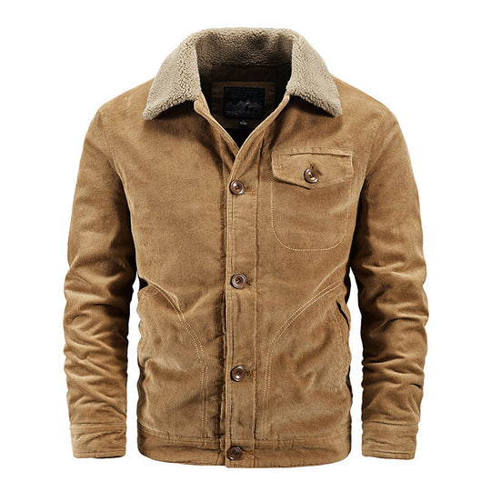 Herren Cord-Truckerjacke mit wärmendem Sherpa-Kragen und Holzknopffront EB
