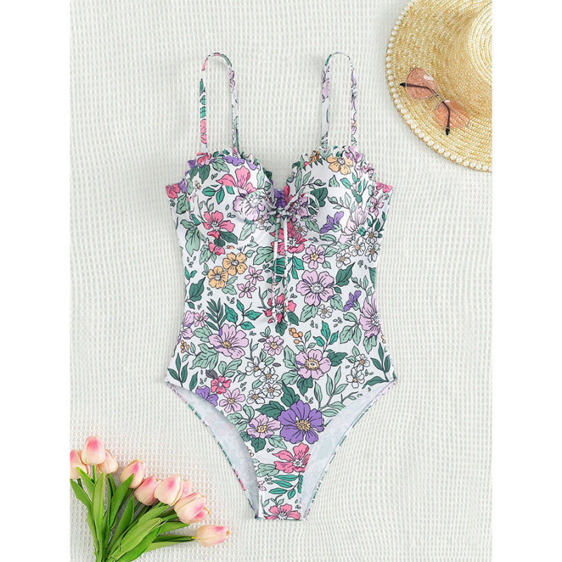 Damen Einteiliger Badeanzug mit floralem Design und traumhaftem Ausschnitt EB