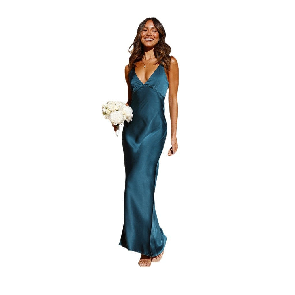 Damen Satin Maxikleid mit eleganter V-Form und fließendem Schnitt EB