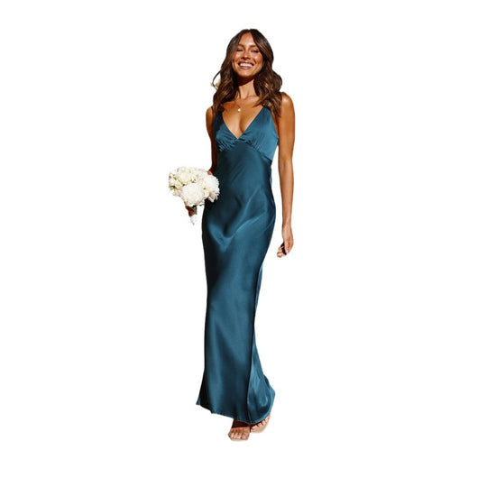 Damen Satin Maxikleid mit eleganter V-Form und fließendem Schnitt EB