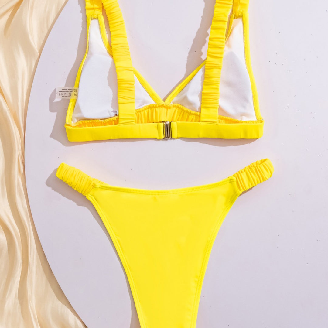 Damen Sportlicher Bikini mit gerafftem Oberteil und hohen Beinausschnitten EB