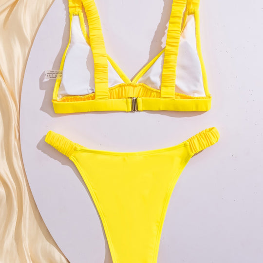 Damen Sportlicher Bikini mit gerafftem Oberteil und hohen Beinausschnitten EB