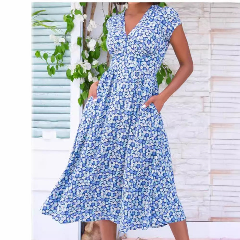 Damen Maxi-Kleid mit floralen Mustern und Taschen EB