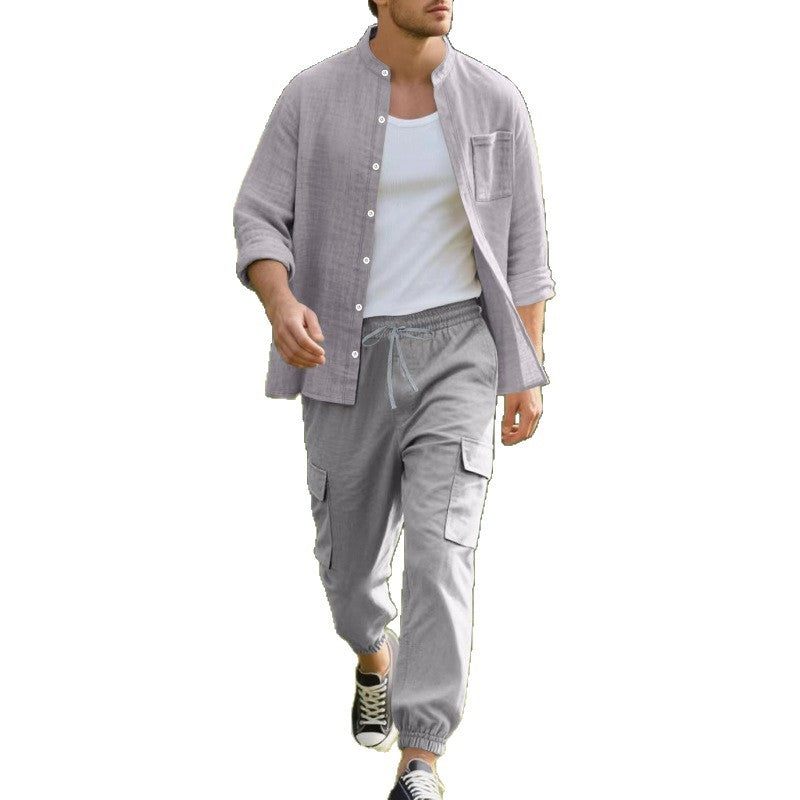 Herren entspannte Cargo-Hose und lässiges Hemd Set EB