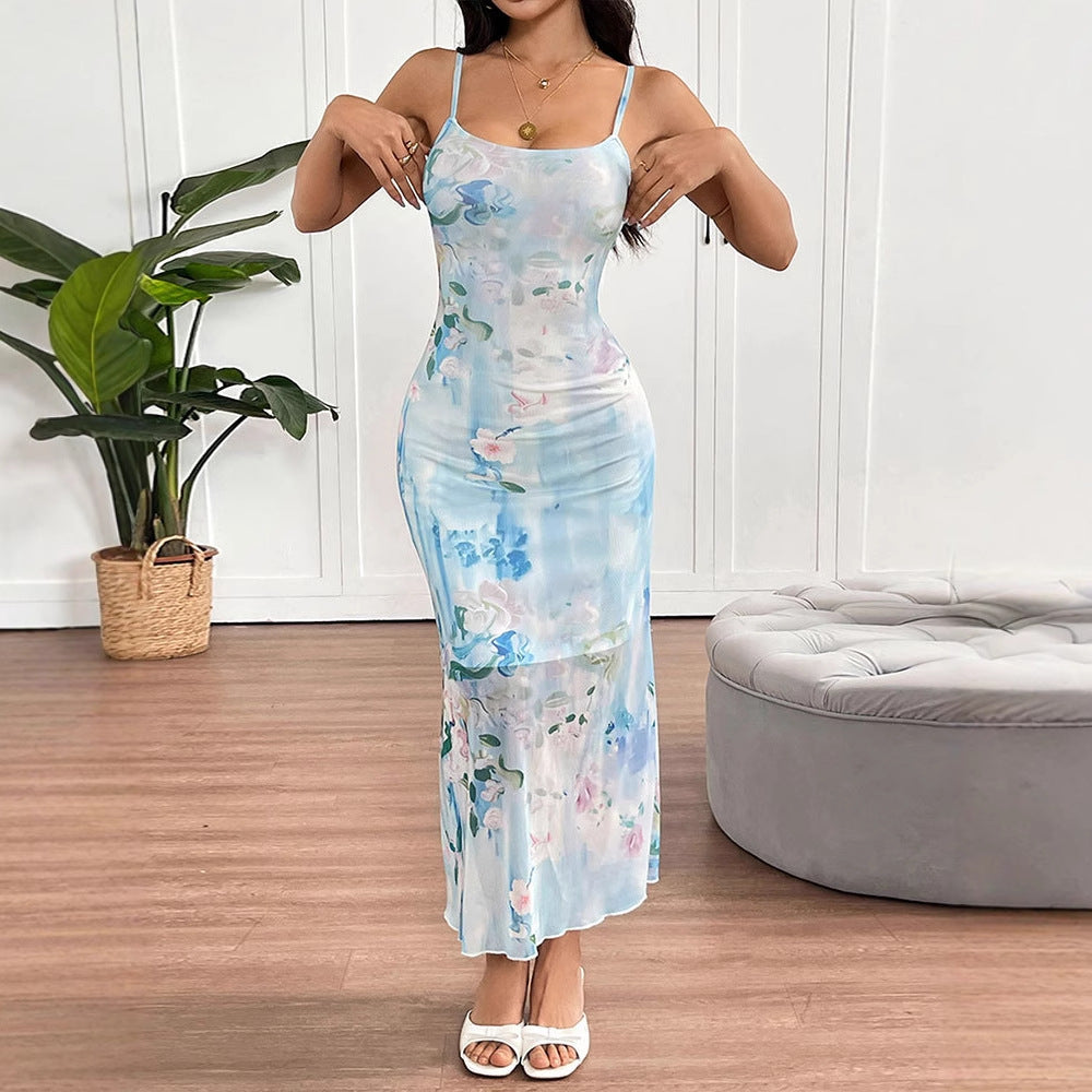 Damen fließendes Maxikleid mit Spaghettiträgern und floralem Druck EB
