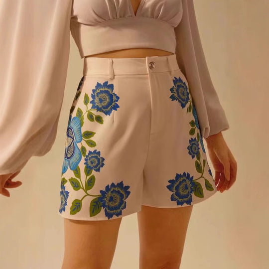 Damen Shorts mit floralem Design und hoher Taille EB