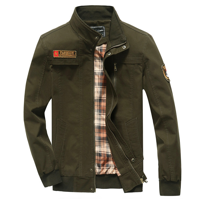 Herren Canvas-Bomberjacke mit kariertem Innenfutter, Stehkragen und Abzeichenapplikationen EB