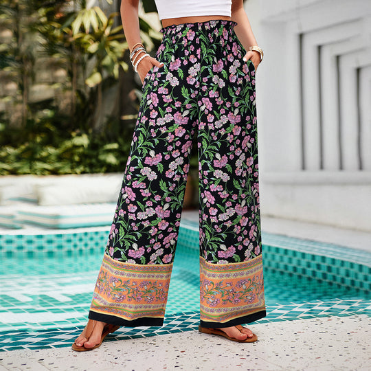 Damen nan weite Palazzohose mit gerafftem Bund, seitlichen Eingrifftaschen und floraler Boho-Print EB