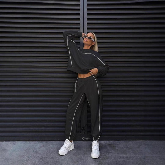 Damen nan kurzes Crop-Sweatshirt und lässige Jogginghose mit kontrastierenden Paspeln EB