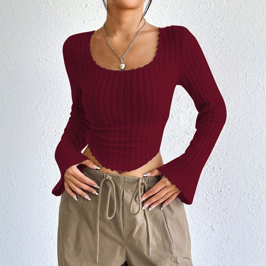 Damen geripptes Crop-Top mit quadratischem Ausschnitt, gewelltem Saum und ausgestellten Ärmeln Eichborn Berlin