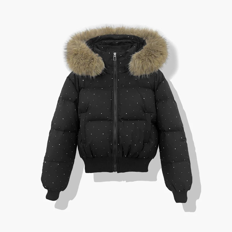 Damen nan kurzer gesteppter Pufferblouson mit feinem Strassbesatz, abnehmbarer Webpelzkapuze und elastischem Saum EB