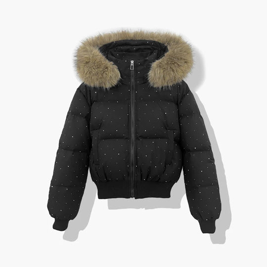 Damen nan kurzer gesteppter Pufferblouson mit feinem Strassbesatz, abnehmbarer Webpelzkapuze und elastischem Saum EB