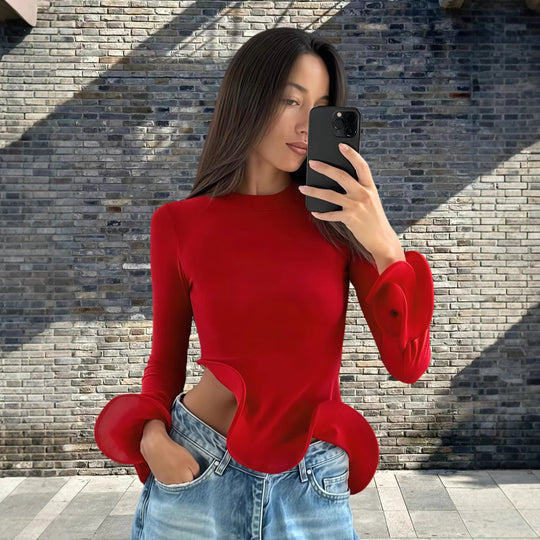 Damen Trendy Oberteil mit asymmetrischen Rüschendetails und elegantes Design EB