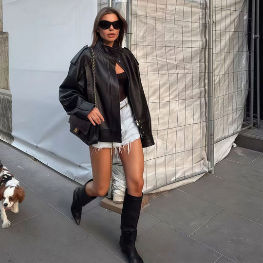 Damen elegante Oversized jacke mit hohem Kragen und praktischen Taschen EB