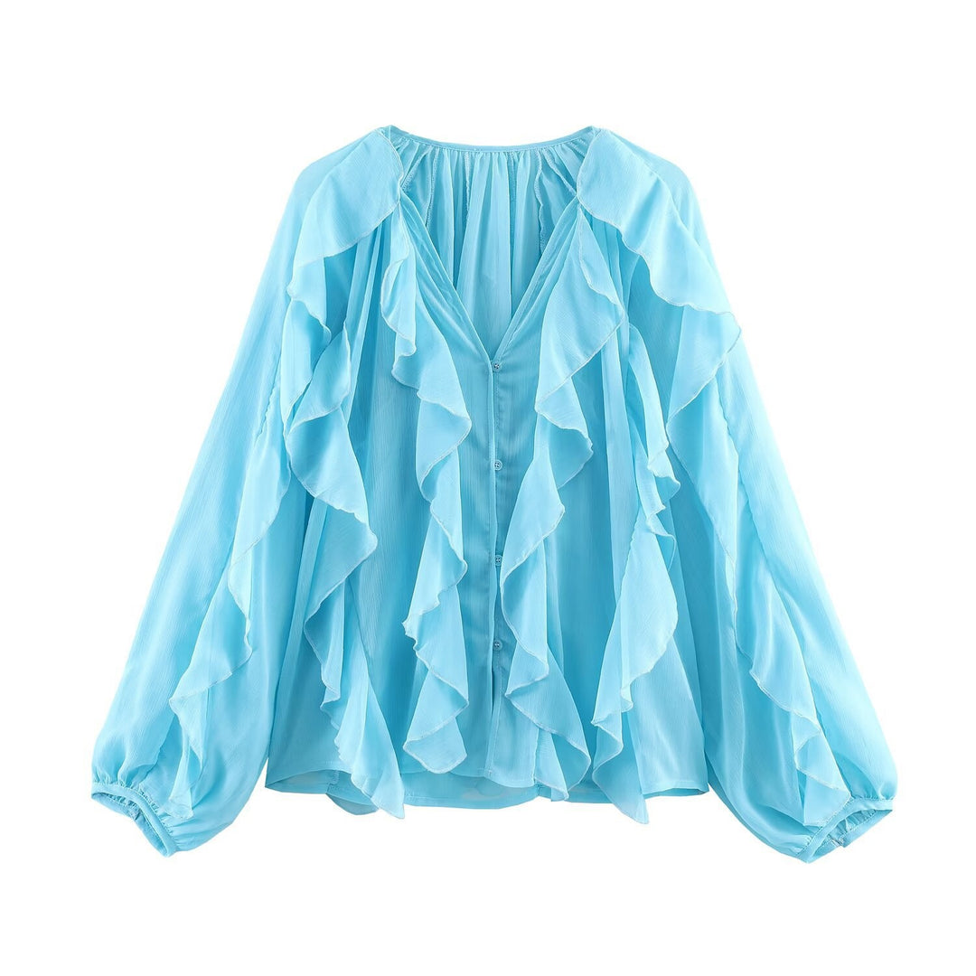 Damen Rüschenbluse mit weitem Schnitt und ballonartigen Ärmeln EB