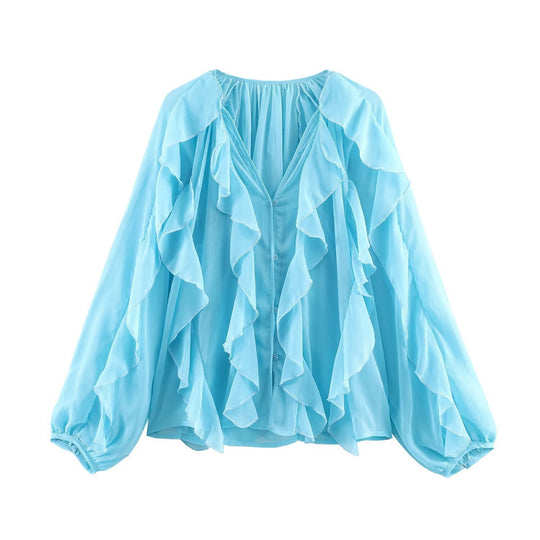Damen Rüschenbluse mit weitem Schnitt und ballonartigen Ärmeln EB