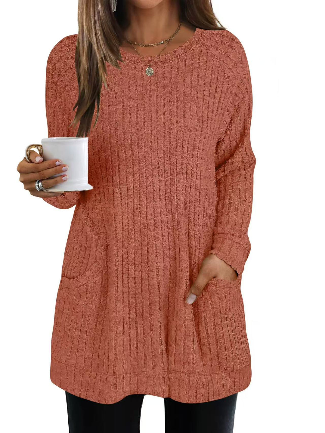 Damen lässiger Strickpullover mit seitlichen Eingrifftaschen und Rippenstruktur EB