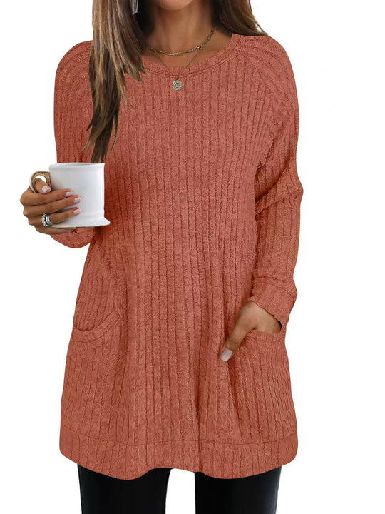 Damen lässiger Strickpullover mit seitlichen Eingrifftaschen und Rippenstruktur EB